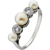 Perlenring Weißgold 585 14K Akoyaperlen Brillanten Antikschmuck  