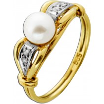 Perlenring Gold 585 14K Akoyaperle Diamanten Antikschmuck