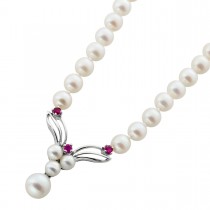 Akoya Perlenkette 45cm rote Rubine 0.20ct Weißgold 585 14K