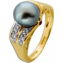 Perlen Ring Gold 585 14 Karat Brillanten 0.12ct Rubine Antikschmuck