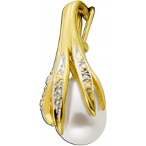 Perlen Anhänger Gold 585 14K Biwa Perle Diamanten 0.02ct