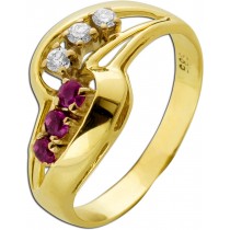 Rubinring Gold 585 14K rote Edelsteine 0.27ct Brillanten 0.09ct Antikschmuck