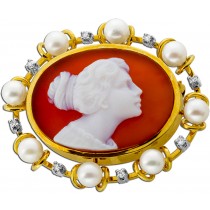 Achatgemme Anstecknadel Gold 585 14K Akoyaperlen Diamanten Antikschmuck