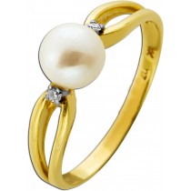 Perlenring Gold 585 14K Akoyaperle Diamanten 0.04ct Antikschmuck