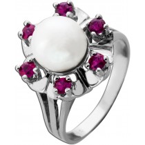 Perlenring Weissgold 585 14K Akoyaperle rote Rubine 0.72ct Antikschmuck