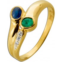 Smaragdring Gold 585 14K blauer Saphir Brillanten Antikschmuck