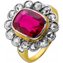 Rubin Ring antik Gold 750 18K roter synth. Rubin 3.1ct Diamanten 0.80ct