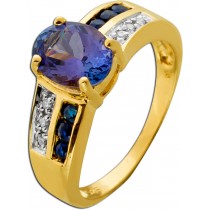 Saphirring Gold 585 14K blauer Tansanit Edelstein Diamanten 0.06ct