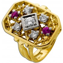 Rubinring Gold 750 18K Brillanten 0.45ct rote Rubine Antikschmuck