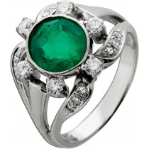 Smaragdring Weißgold 750 18K grüner Edelstein Diamanten Antikschmuck