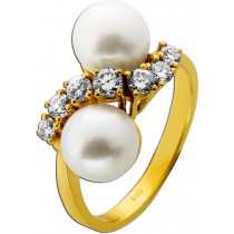 Perlenring Gold 585 14K Brillanten 0.35ct. Akoyaperlen 8.1mm