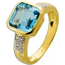 Aquamarinring Gold 585 14K ozeanblauer Edelstein Diamanten 0.08ct