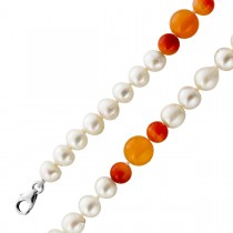 Perlenkette 77cm Akoyaperlen 6.7-6.2mm orange Karneol Edelsteine 60ct.