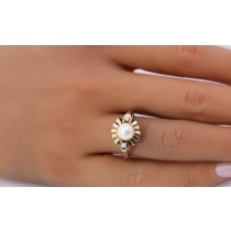 Perlenring Gold 585 14K Akoyaperle Brillanten 0.06ct Antikschmuck