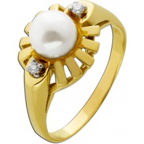 Perlenring Gold 585 14K Akoyaperle Brillanten 0.06ct Antikschmuck