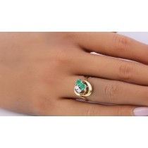 Smaragdring Gold 585 14K grüne Smaragde Brillanten 0.20ct Antikschmuck