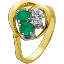 Smaragdring Gold 585 14K grüne Smaragde Brillanten 0.20ct Antikschmuck