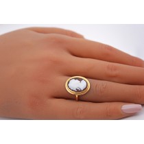 Gemmen Ring Gold 750 18K brauner Achat Frauenkopfbüste Antikschmuck