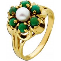 Perlenring Gelbgold 333 8K Akoyaperle grüne Aventurin Edelsteine Antikschmuck