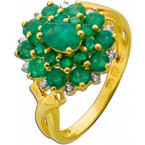 Smaragdring Gold 585 14K grüne Smaragde Diamanten 0.10ct Antikschmuck