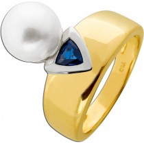 Saphirring Gold 750 18K blauer Saphir 0.30ct Akoyaperle 9.5mm