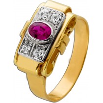 Rubinring Gold 585 14K roter Rubin 1.1ct Diamanten 0.16ct Antikschmuck
