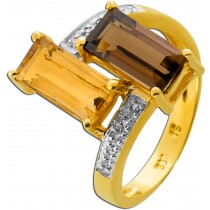 Citrinring Gold 333 8K gelber Citrin brauner Rauchquarz Diamanten 