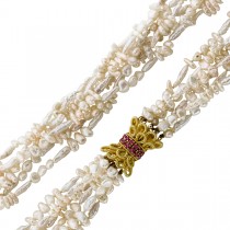 Perlenkette 6-reihig Gelbgold 585 Rubine 0,72ct. feine Süßwasserperlen 