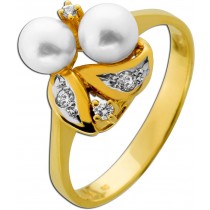 Perlenring Gold 585 14K Akoyaperlen Brillanten 0.10ct
