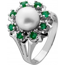 Perlenring Weißgold 585 14K grüne Smaragde 0.36ct Akoyaperle Antikschmuck