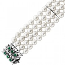 Perlenarmband 4-reihig Akoyaperlen 5.7-6mm grüne Smaragde 0.12ct