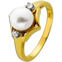 Perlenring Gold 585 14K Akoyaperle 7mm Diamanten 0.03ct Antikschmuck