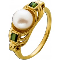 Turmalin Ring Gold 585 Akoyaperle grüne Turmaline 0.28ct Antikschmuck