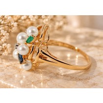 Perlenring Gold 585 Akoyaperlen Rubin Smaragd Saphir Diamanten Antikschmuck