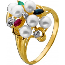 Perlenring Gold 585 Akoyaperlen Rubin Smaragd Saphir Diamanten Antikschmuck