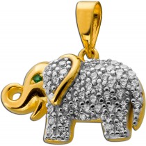 Elefant Anhänger Silber vergoldet grüner Zirkonia weiße Zirkonia