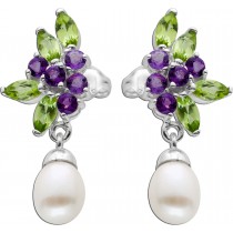 Perlen Ohrringe Ohrstecker Silber 925 bunte Edelsteine weisse Süßwasserzuchtperlen violetter Amethyst grüner Peridot_01