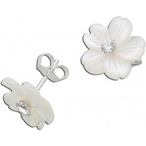 Weiße Perlmutt Blumen Ohrstecker Silber 925/- Zirkonia Edelsteinschmuck 1