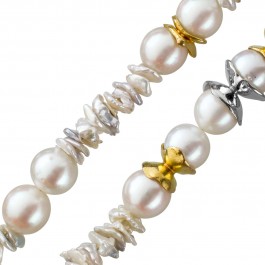 Perlenkette Akoya/ Keshi Perlen Gelb Weissgold 585 Zwischenteile  und Goldkarabiner 92cm mit Görg Zertifikat