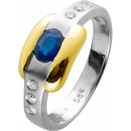 Safir Brillant Ring Gelbgold Weissgold 585 Safir Blau Brillanten Weiss 0,15ct TW/SI, Gr. 16,6mm