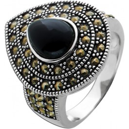 Ring Onyx schwarz tropfenförmig Silber 925  Markasit Steinen Edelsteinring