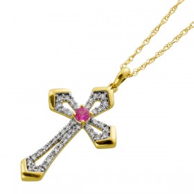 Kreuzkette Gold 375 9K pinker Rubin Diamanten Natur Edelsteine