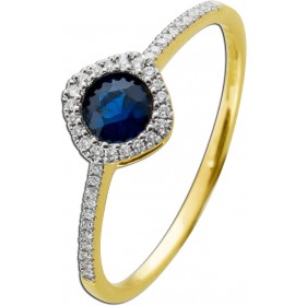 Saphirring Halo.Gold 585 14K blauer Edelstein Diamanten 
