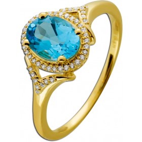 Blautopas Ring Gelbgold 585 14K wasserblauer Edelstein Brillanten 