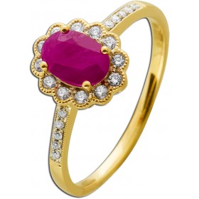Rubinring Gelbgold 585 14K roter Edelstein Diamanten 0.16ct