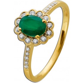 Smaragdring Gelbgold 585 14K grüner Edelstein Diamanten 0.16ct