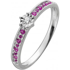 Rubin Ring Weißgold 585 14K Solitär Diamant 0.04ct pinke Edelsteine