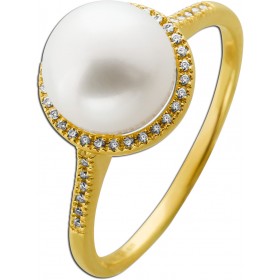 Perlen Ring Gold 585 14K Natur Diamanten 0.11ct Süßwasser Perle