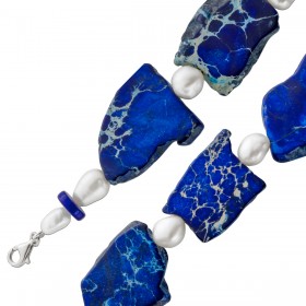 Kette weiße Süßwasserzuchtperlen blauer Natur Jaspis Silber 925