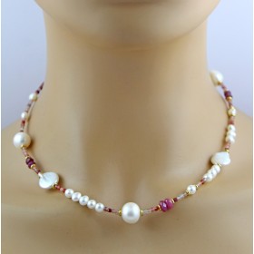 Perlenkette 47cm Süßwasserperlen Natur Rubin Andesin Edelsteine
